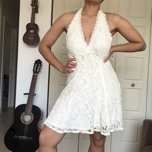 Mini White floral overlay halter dress